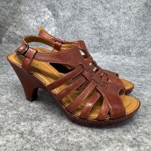 Born Shoes Chunky Heel Sandals Womens Size 8 Cognac Burnished Leather Slingback